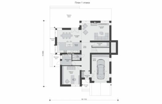 Одноэтажный дом с мансардой, кухней-столовой, кабинетом и тремя спальнями